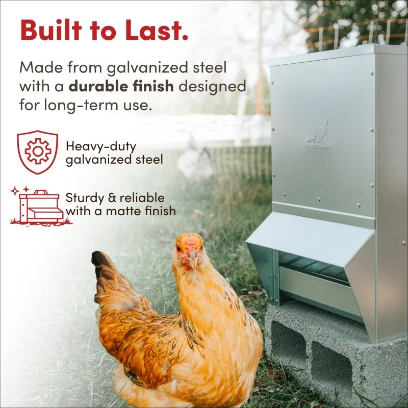 Galvanized Chicken Tough Feeder, Weatherproof Poultry Food Dispenser with Lid - 50lb - Image 9